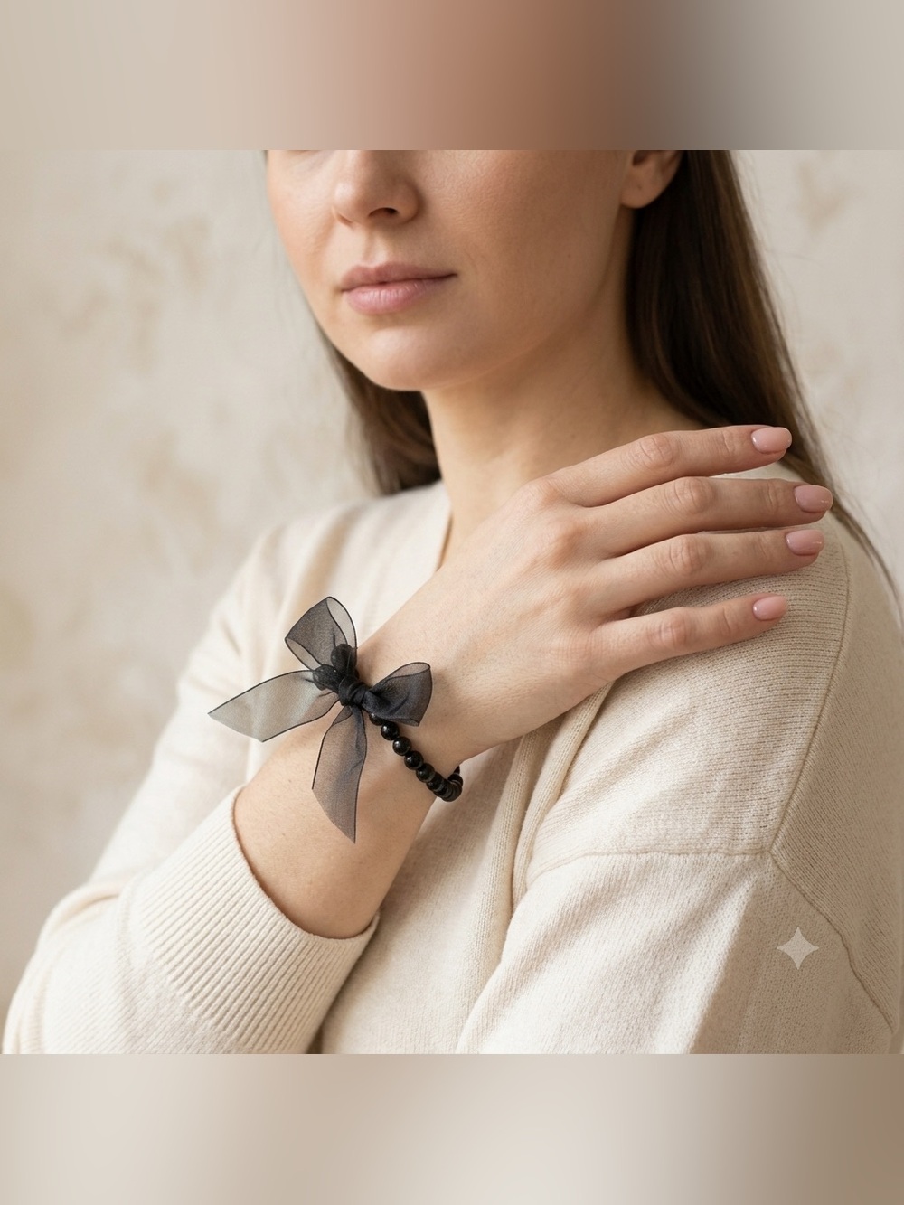 Handmade Black Beaded Stretchy Bracelet With Sheer Ribbon Bow Made In Canada